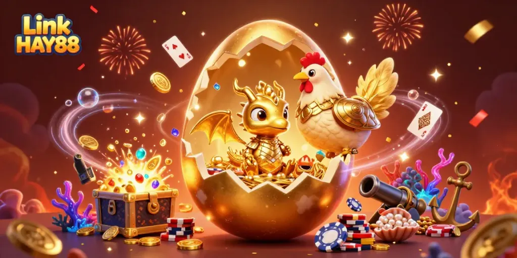 Experience the excitement of Link HAY88 with a dazzling golden dragon nestled among poker chips!