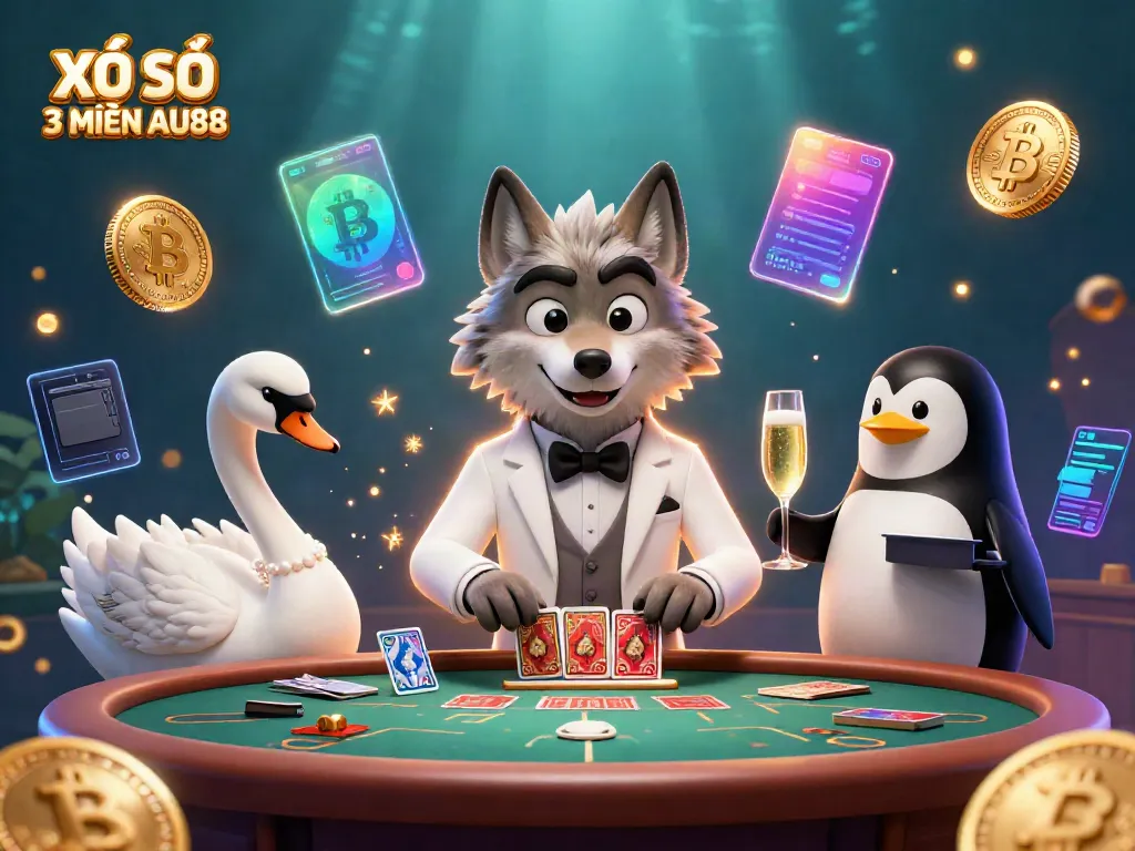XỔ SỐ 3 MIỀN AU88 illustration featuring a debonair wolf, elegant swan, and sophisticated penguin in a casino setting with vibrant elements.