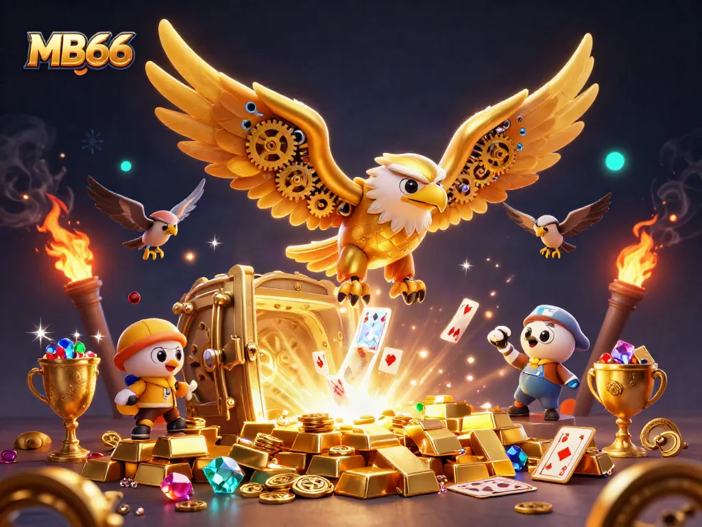 Engage in thrilling gameplay at MB66 with a golden eagle, holographic cards, and dazzling treasures.