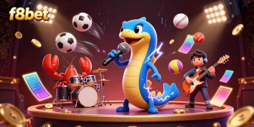 Engage with the vibrant f8bet underwater casino scene featuring a lively electric eel DJ and a dynamic band.