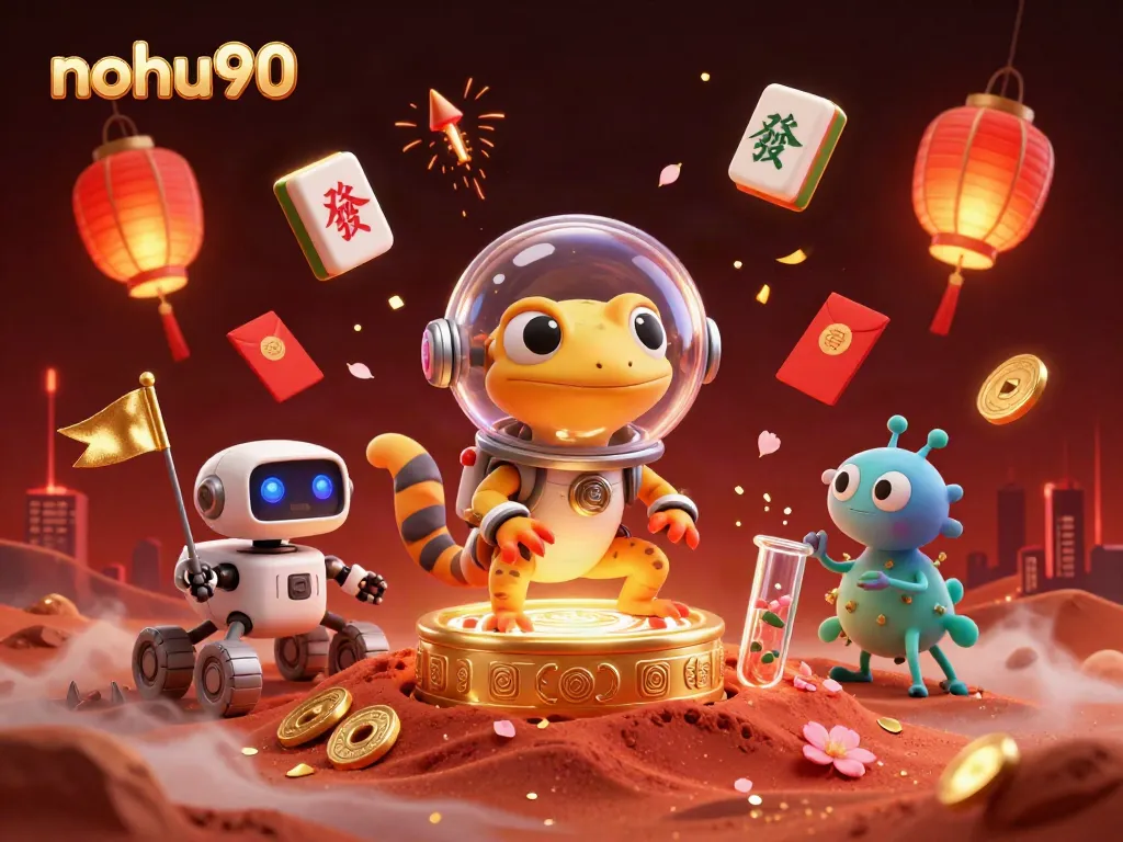 Engage with nohu90 as the Martian gecko uncovers a golden casino among red Mars sand.