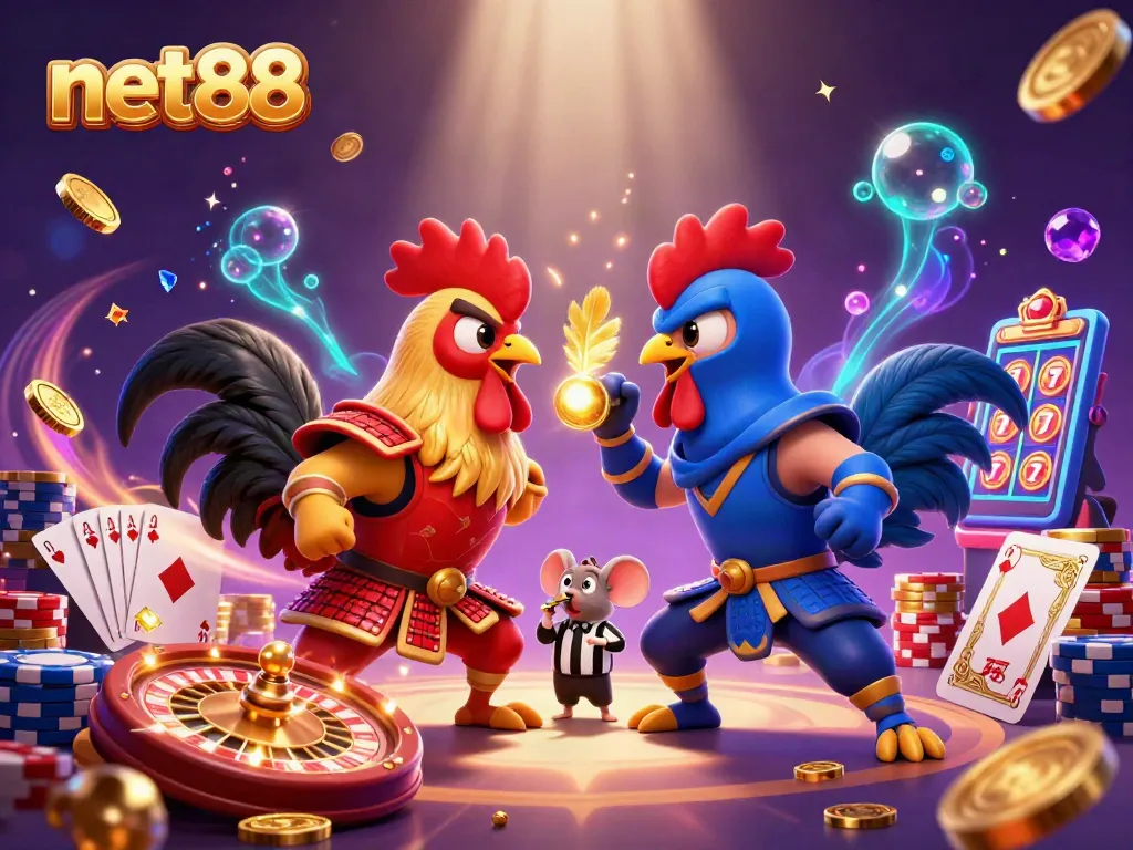 Encourage strategic betting with net88 as roosters battle amidst gold coins and casino games.