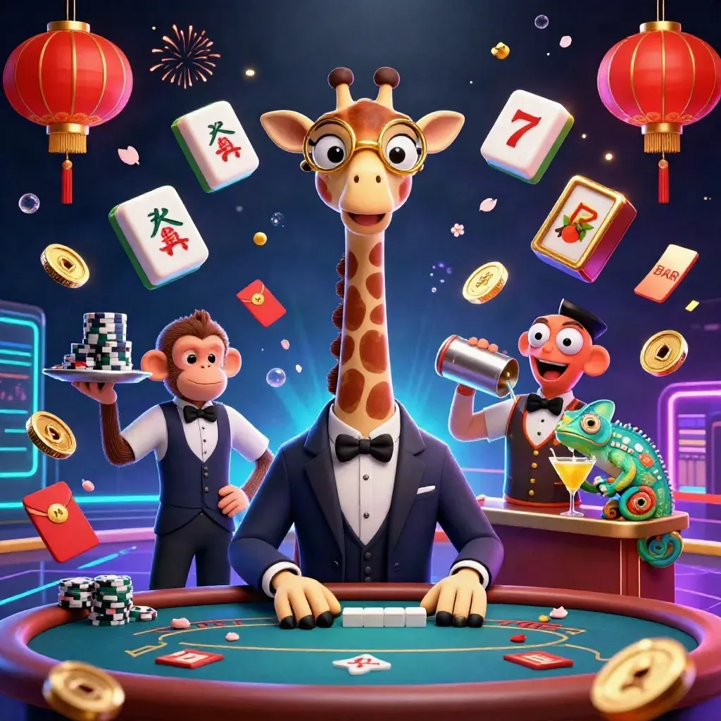 Giraffe, monkey valet, and chameleon bartender amid glowing casino treasures and neon lights.