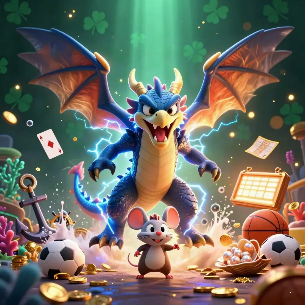 Thunder dragon, wind hawk, and static mouse amid casino treasure, sports balls, and glowing effects.
