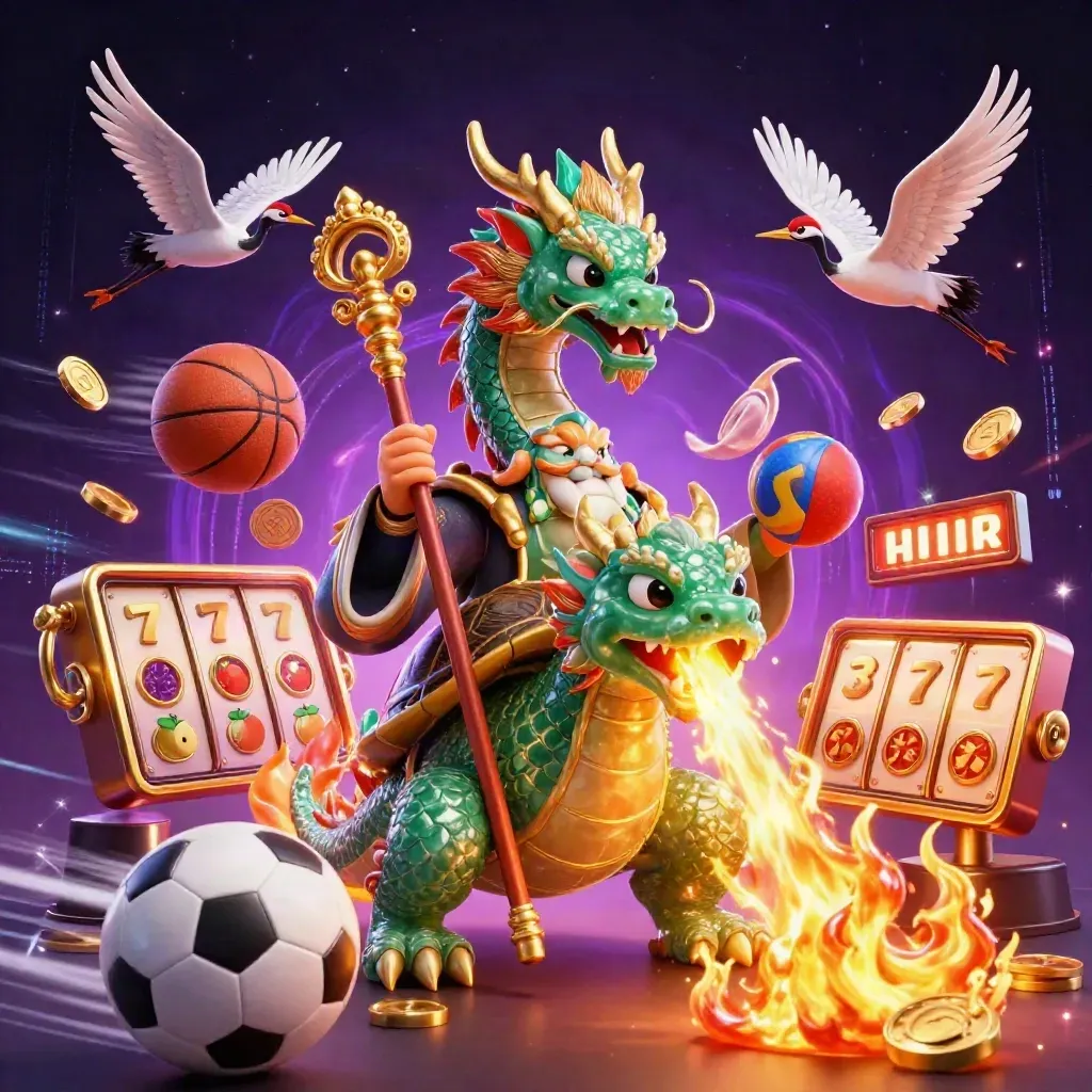 Emerald dragon, turtle sage, and cranes amid jackpots, coins, sports balls, and neon casino magic.