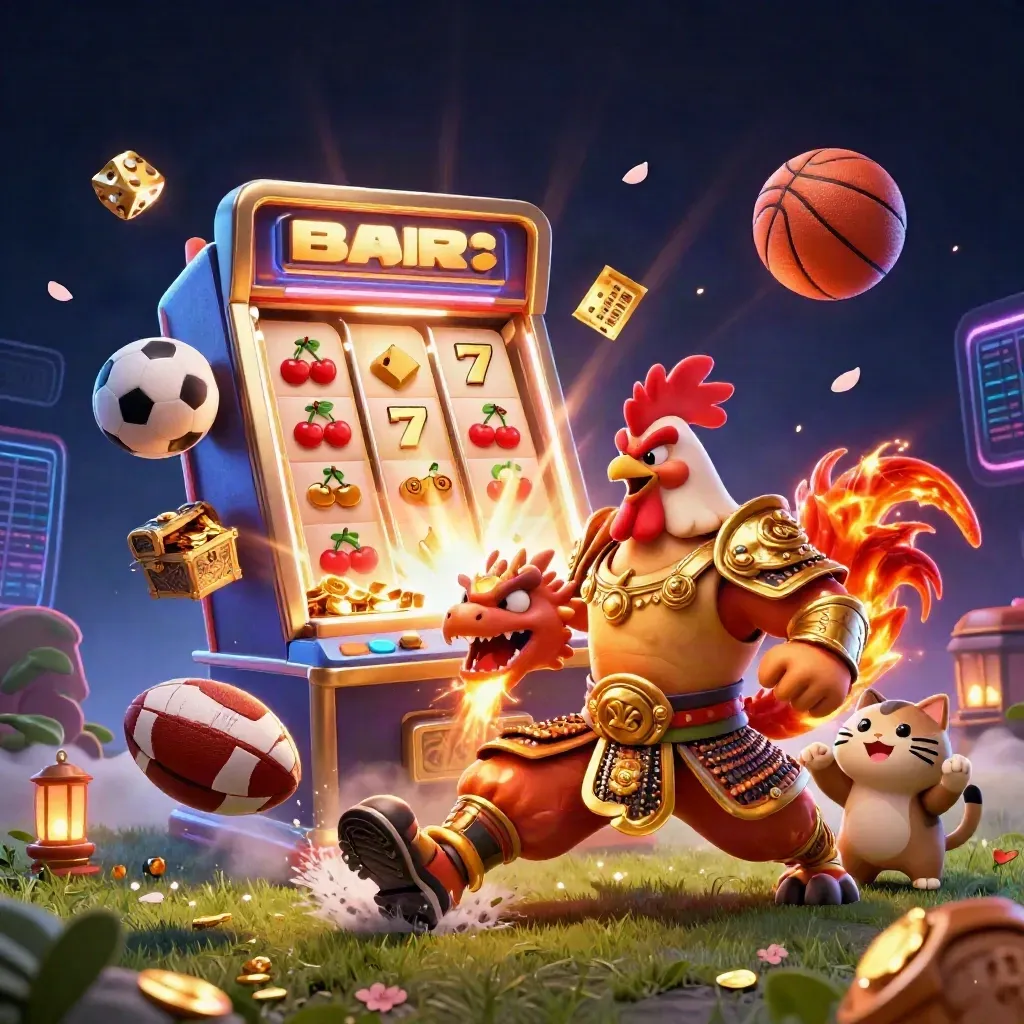 Rooster warrior, dragon hatchling and fortune cat amid football turf, slot bursts and neon glow.