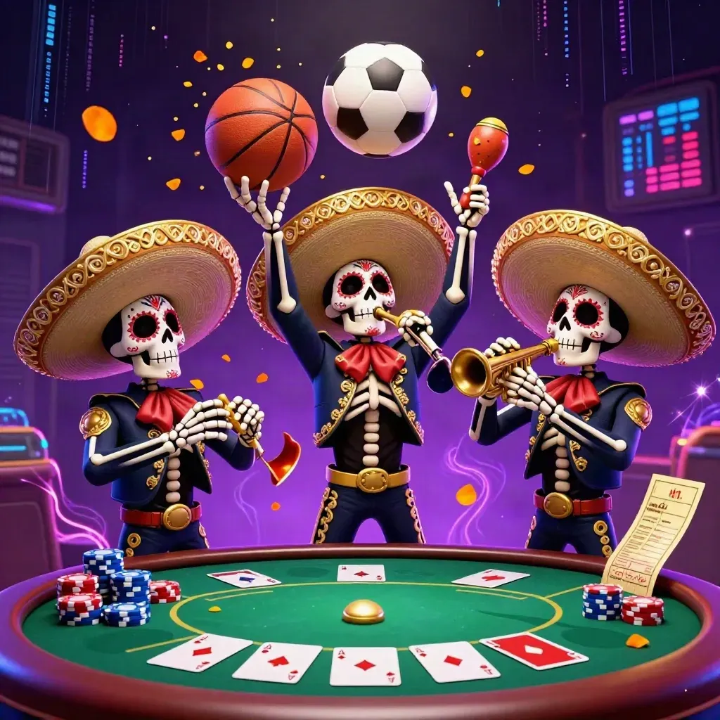 Skeleton mariachi trio with chips, cards, soccer ball and basketball in neon casino chaos.