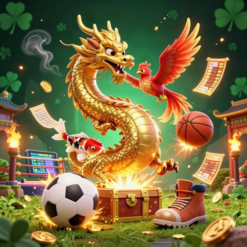 Golden dragon, phoenix, koi, sports balls, coins, temple gate, and neon casino lighting in a packed fantasy burst.