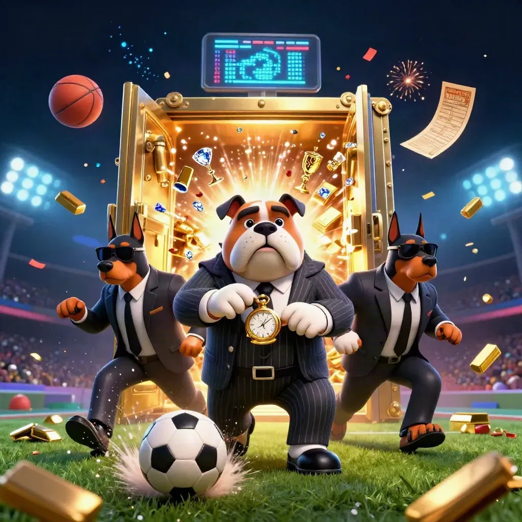 Bulldog mob boss, Dobermans, vault, coins and sports balls exploding in neon casino light.