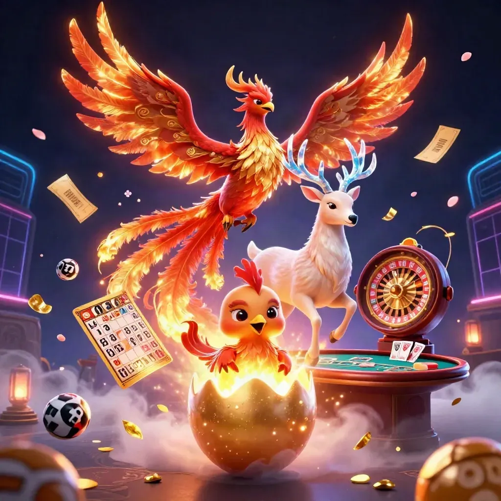 Fire phoenix, baby phoenix, and crystal stag amid casino lights and floating game elements.