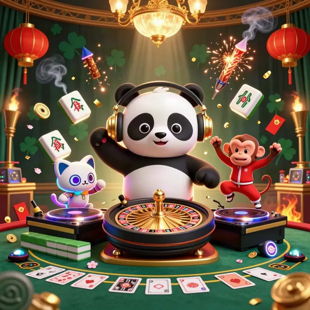 Panda DJ, monkey, and glow-stick kitten in a luxe emerald casino scene.
