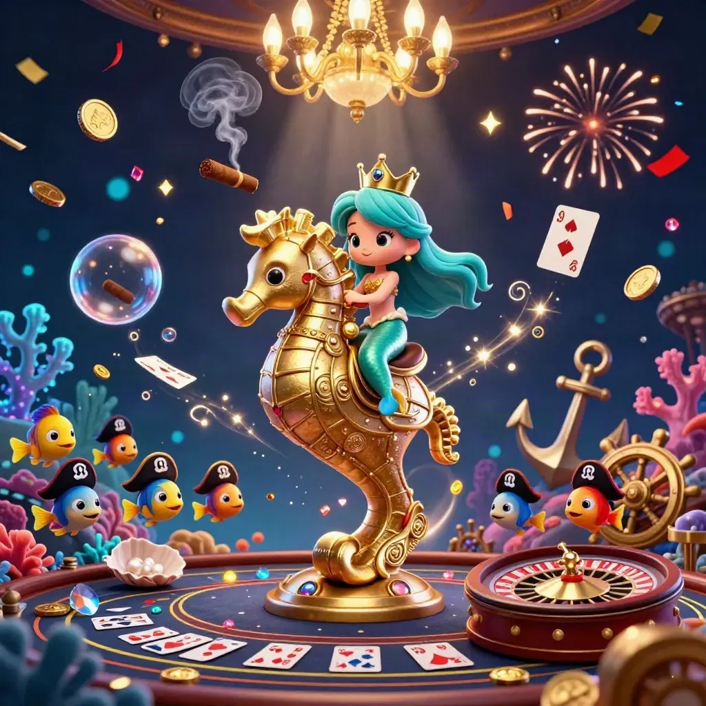 Mermaid princess rides a golden seahorse through a glowing underwater casino treasure cove.