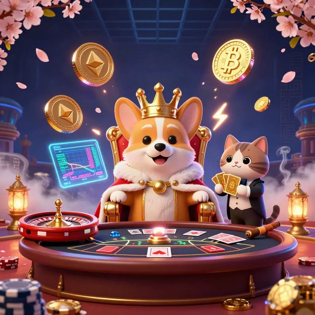 Royal corgi and cat butler in a neon casino room with crypto coins and glowing runes.