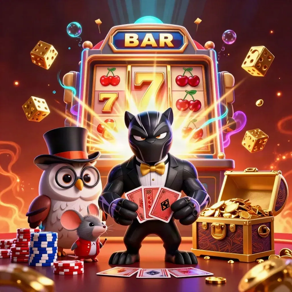 Panther, owl, and mouse amid exploding slot machine, gold, dice, gems, and neon glow.