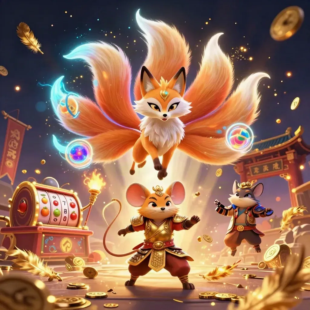 Nine-tailed fox spirit and golden samurai mouse amid temple gate, coins, and neon casino magic.