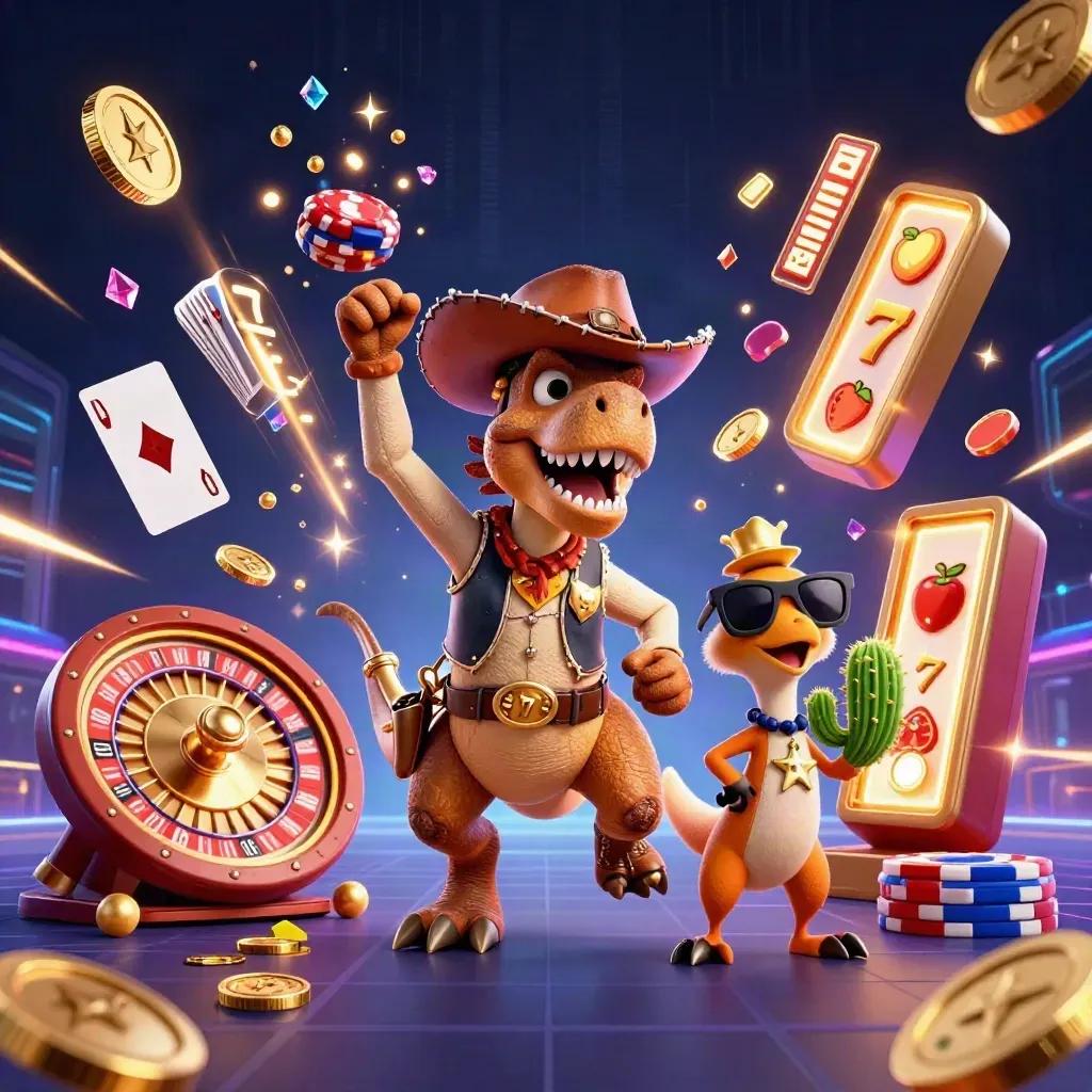Cowboy T-Rex trio blasting coins, chips, cards and neon casino energy on a dark grid.