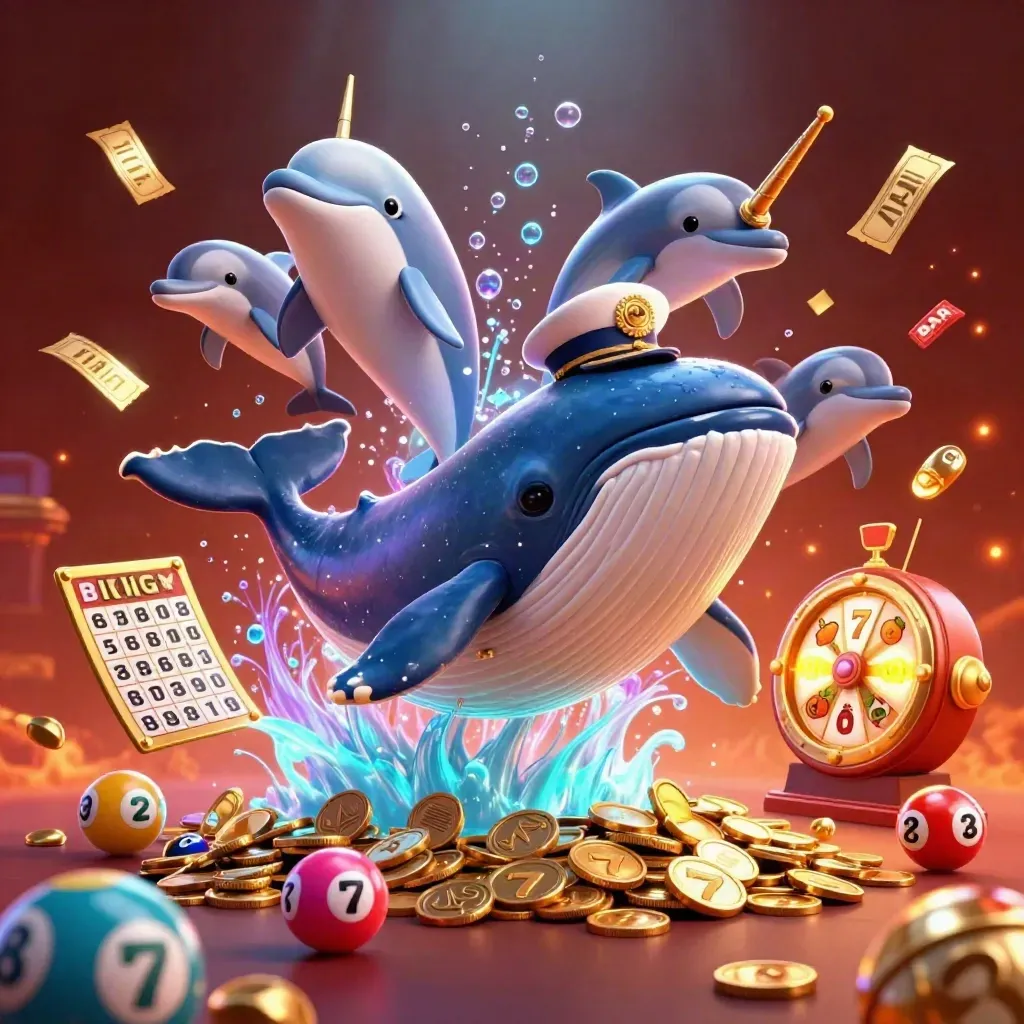 Whale captain, narwhal and dolphins burst through coins with jackpot props and neon casino glow