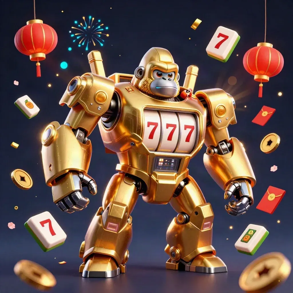 Golden gorilla mech with tiny monkey pilot amid lanterns, coins, petals and neon slot effects