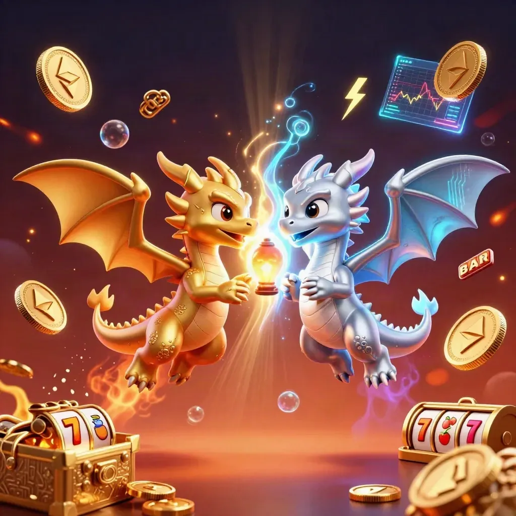 Twin gold and silver dragons swirl with coins, reels, and neon casino power.