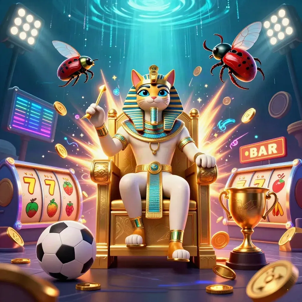Pharaoh cat on a gold throne with ibis scribe and gem-winged scarabs amid casino treasure and neon.