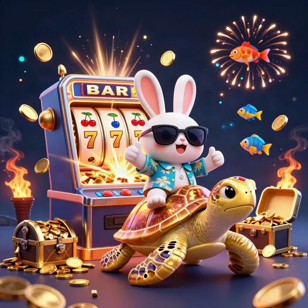 Lucky rabbit on a gold turtle amid slot bursts, coins, fireworks, and treasure on dark neon blue.