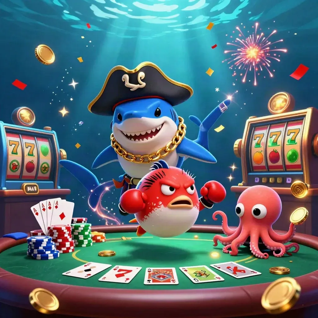 Pirate shark, boxing pufferfish, and coin-juggling octopus in a flashy underwater casino burst.