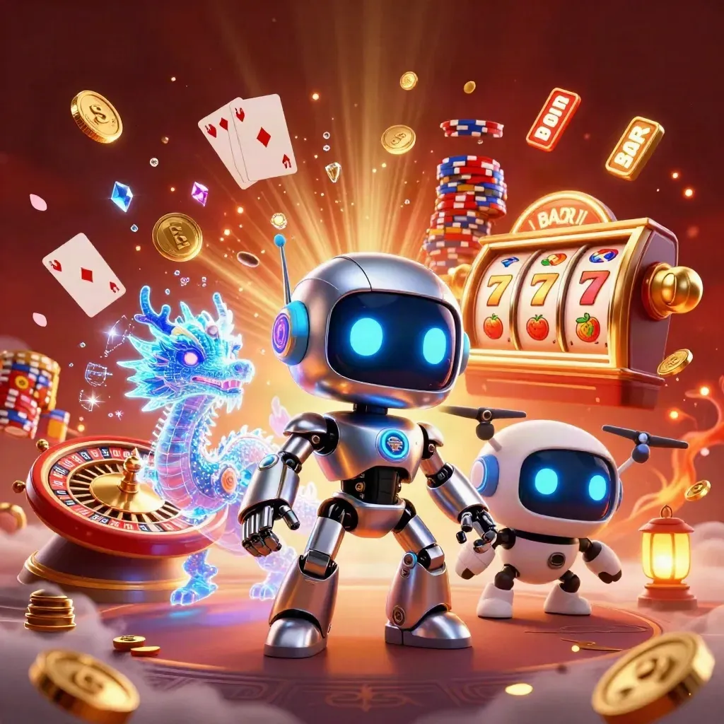 Cyberpunk robot, hologram dragon, and coin drone amid exploding coins, reels, chips, and fireworks.