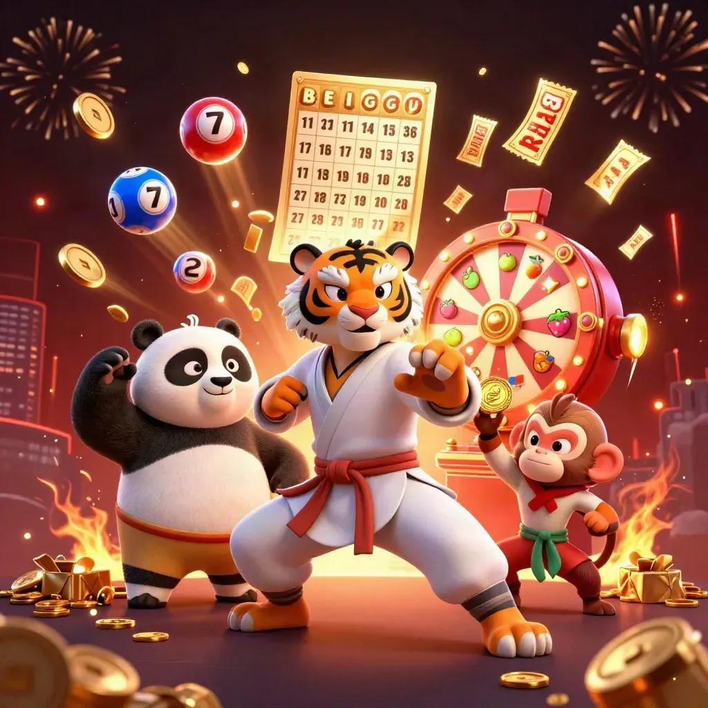 Tiger, panda, and monkey in a casino-style treasure burst with gold coins and fireworks.
