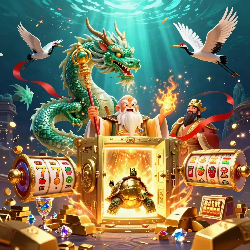 Emerald dragon, turtle sage, and cranes amid treasure, reels, and golden light.