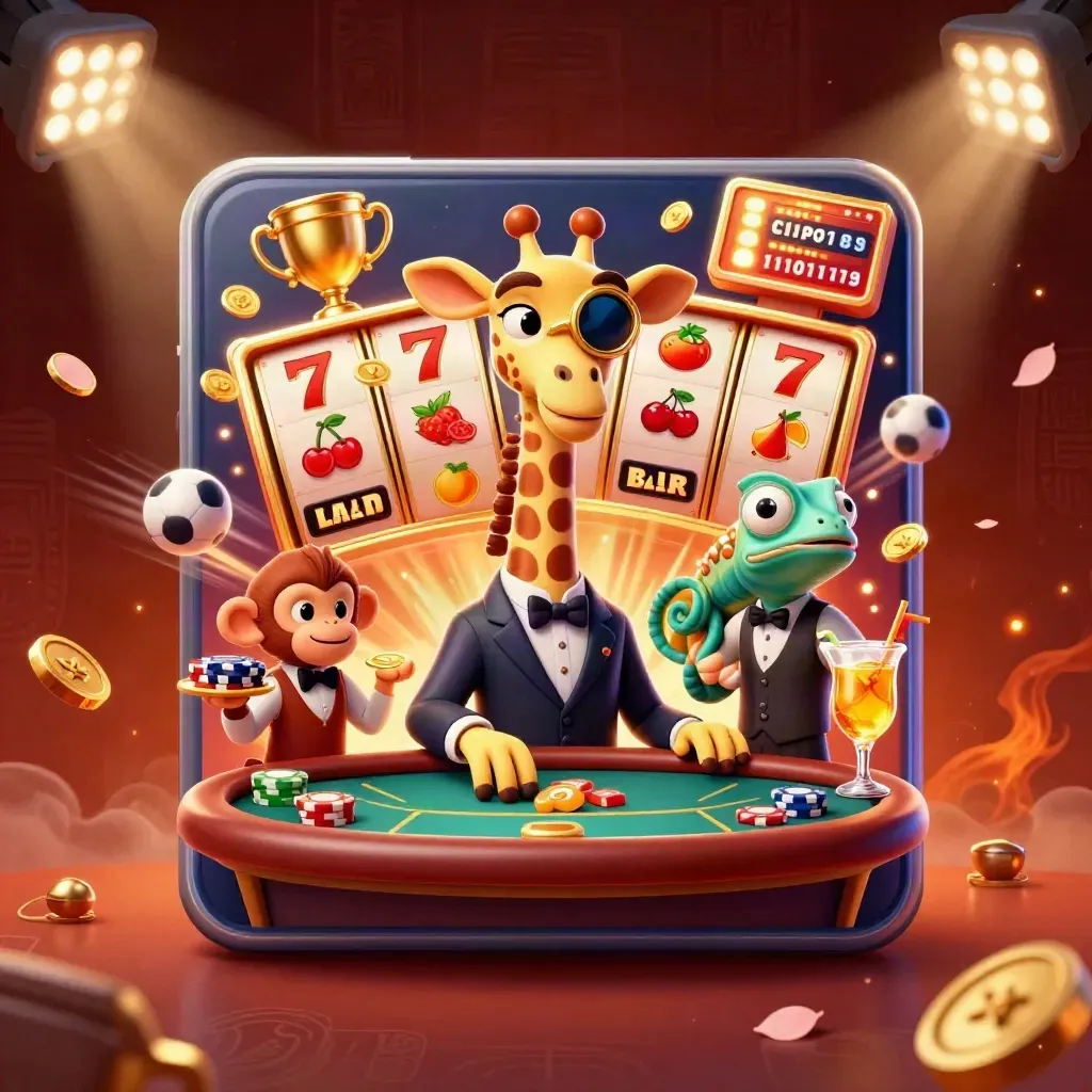 Giraffe high-roller, monkey valet, and chameleon bartender amid casino reels and jackpot glow.