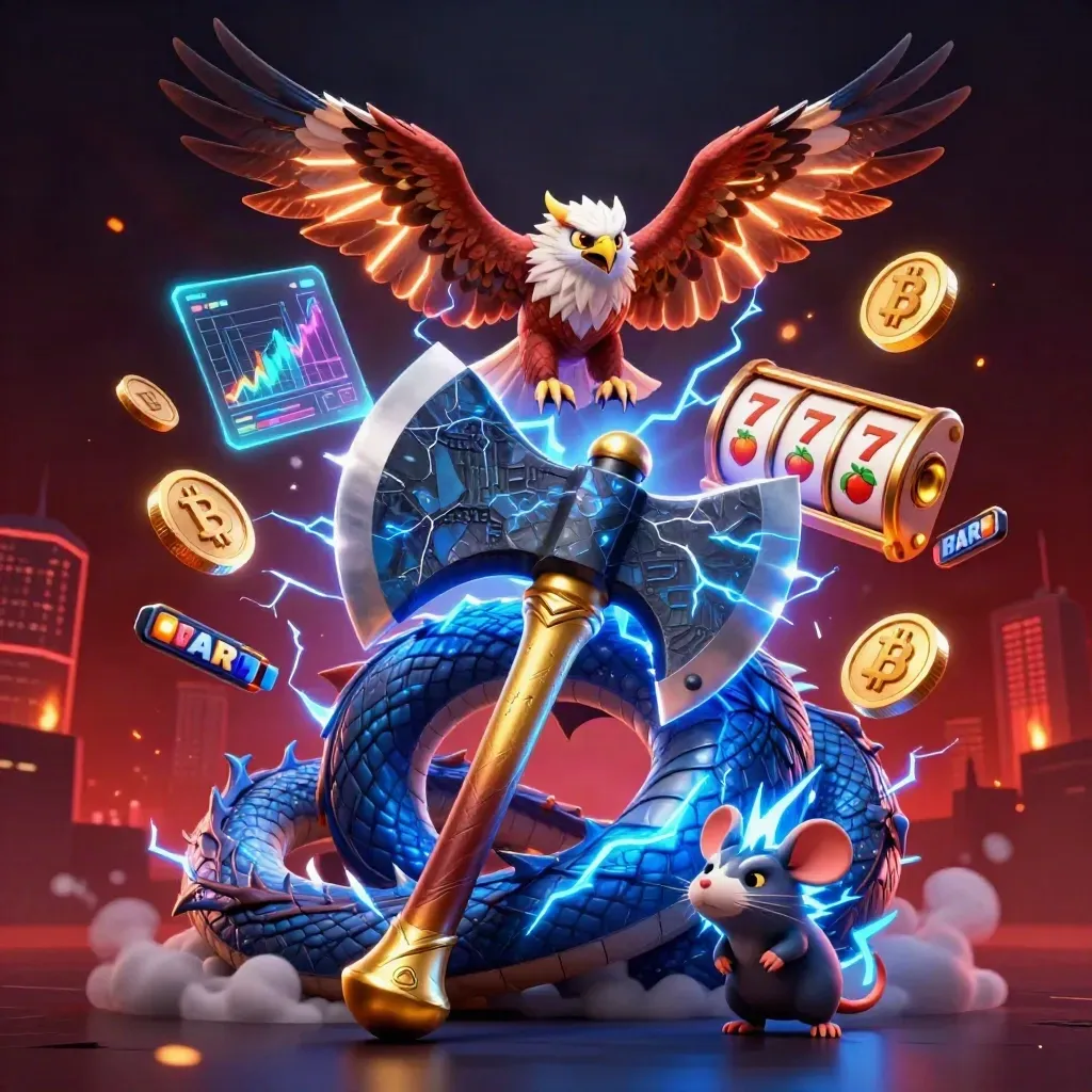 Thunder dragon, hawk, and mouse surround a glowing axe relic amid casino sparks.