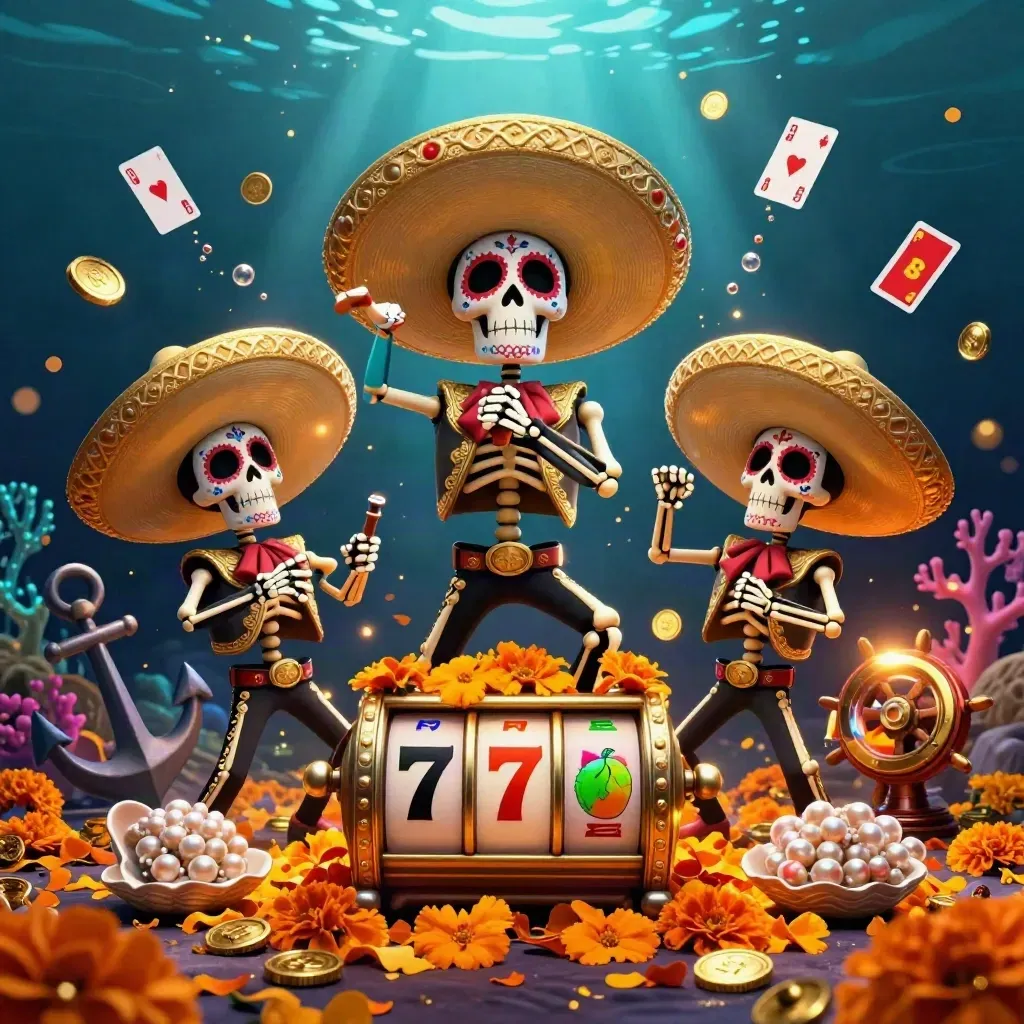 Three skeleton mariachi musicians in a glowing underwater treasure cove with coins, coral, and slot symbols.