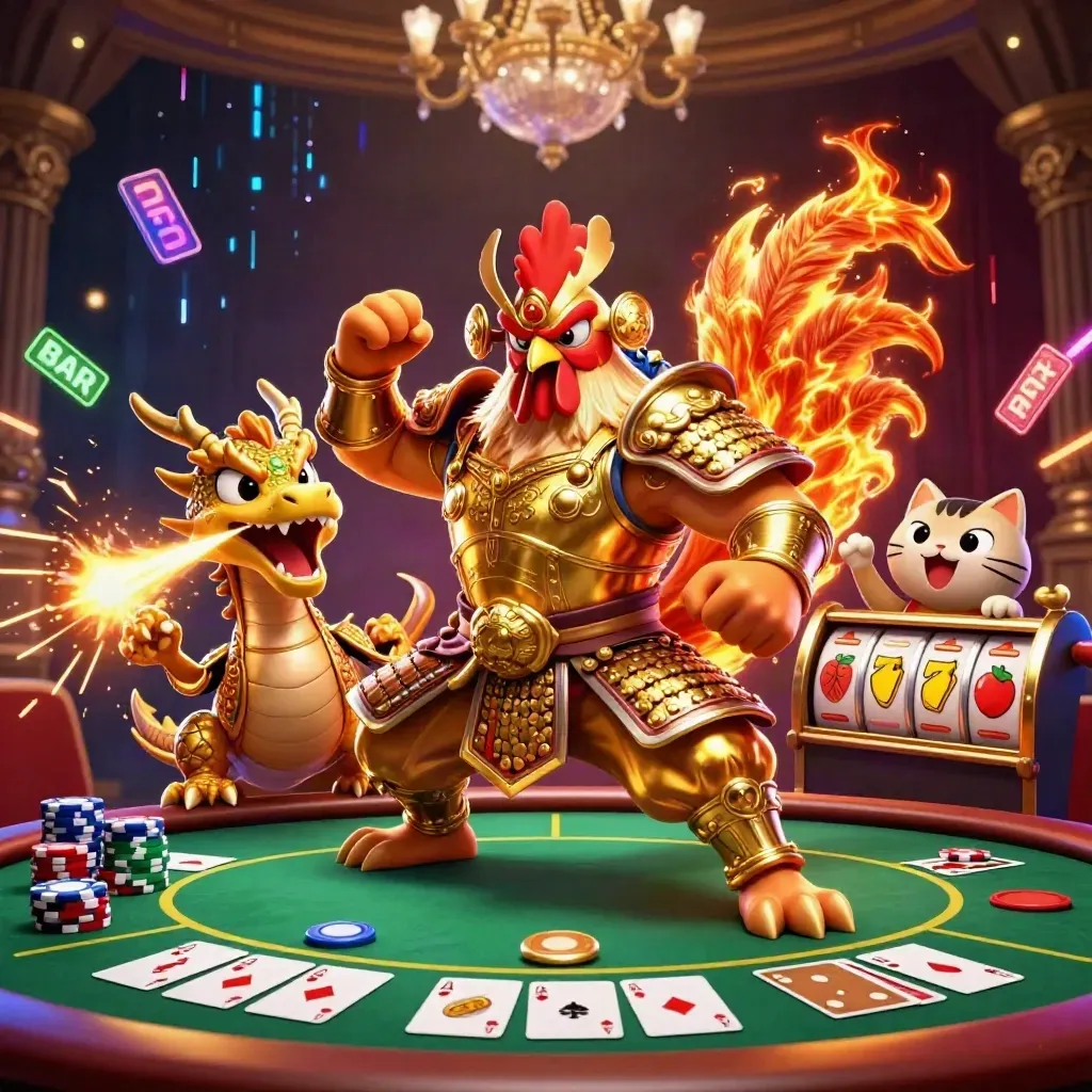 Rooster warrior, dragon hatchling, and fortune cat amid slot reels, chips, cards, and sparks.