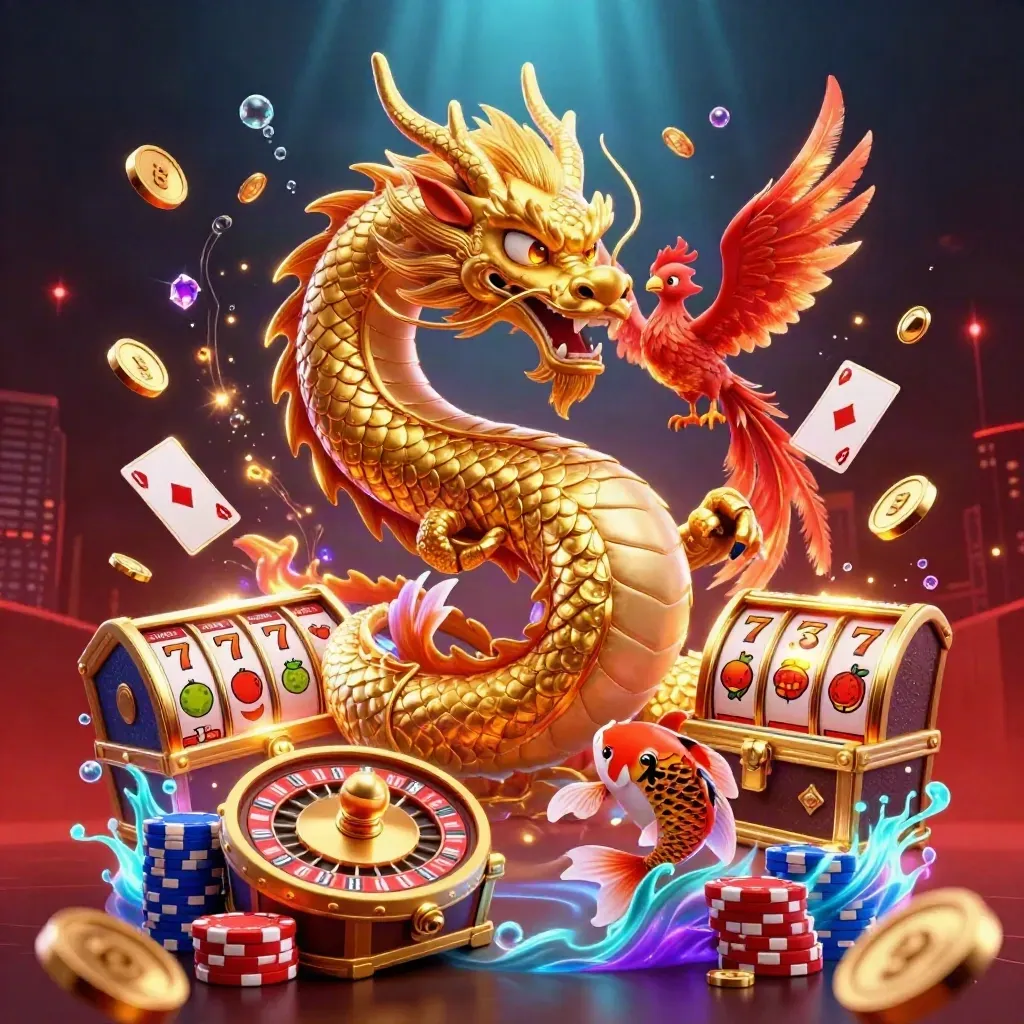 Golden dragon, phoenix, koi, and casino symbols bursting in neon against a dark luxe backdrop.