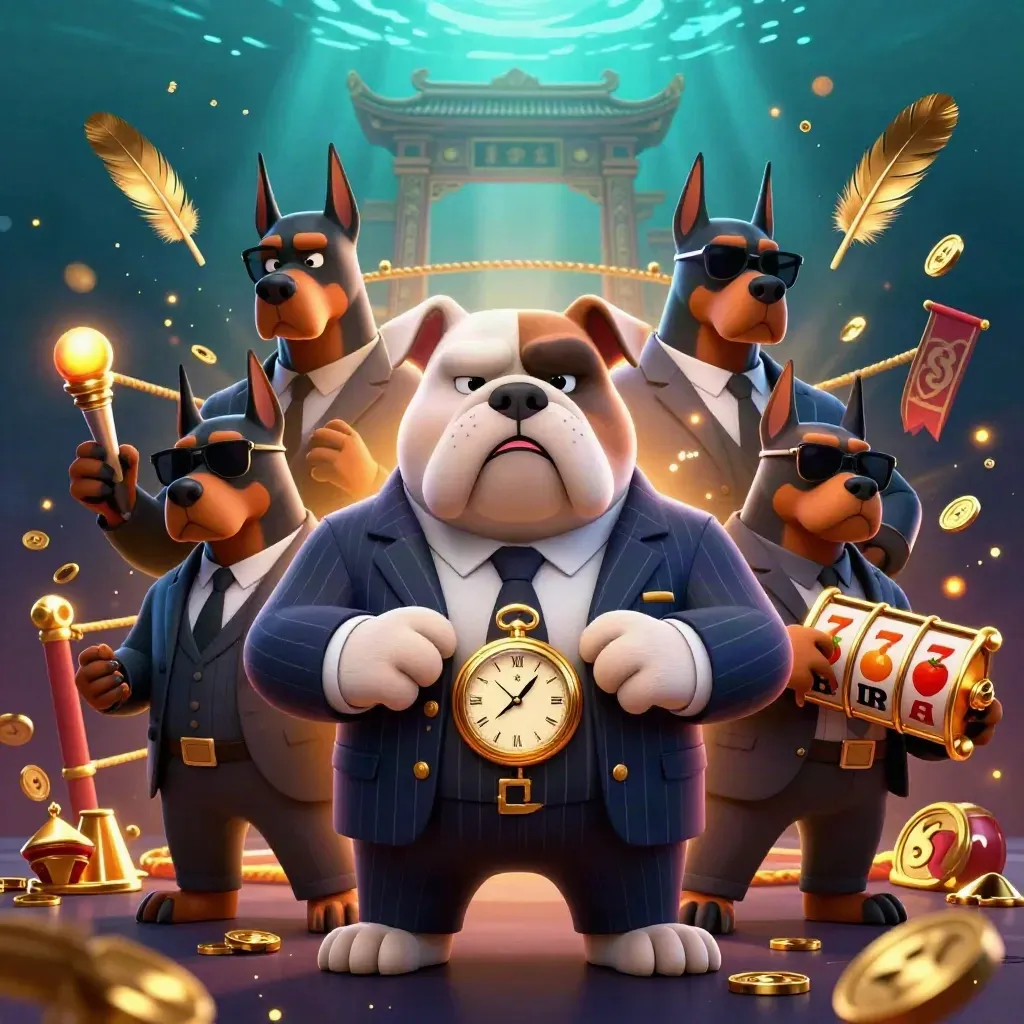 Bulldog boss and Doberman bodyguards amid slot symbols, gold sparks, and a temple-ring backdrop