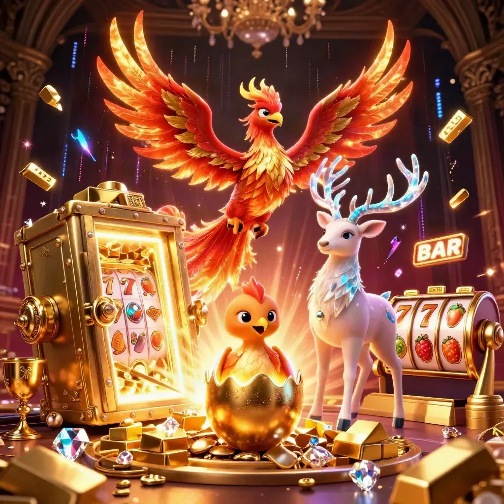 Phoenix, hatchling, and crystal stag amid vault gold and neon slot sparks