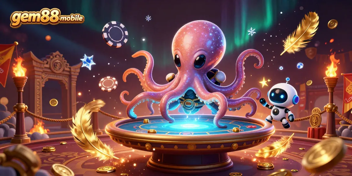Join the action at gem88-mobile with an alien octopus operating a thrilling holographic poker table.