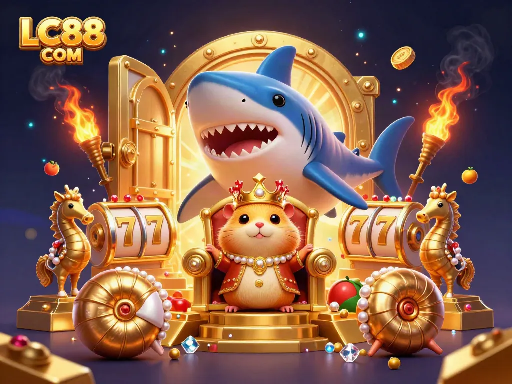 Spin to win at LC88 COM with a 3D casino scene featuring a golden hamster king and treasures.