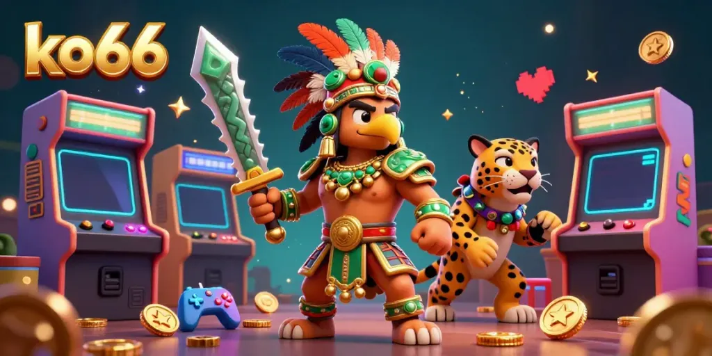 Score big with ko66 in this vibrant 3D casino scene filled with colorful game machines and lively characters.