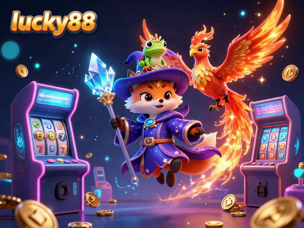 Experience the thrill of lucky88 with a captivating illustration of a wizard fox, phoenix, and game elements in a vibrant casino scene.