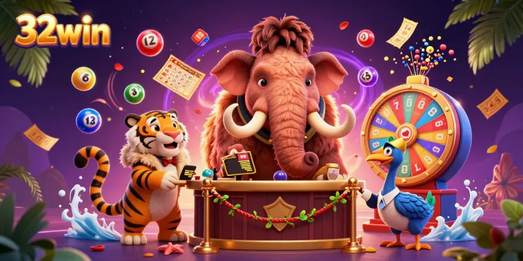 Experience the vibrant excitement of 32win with a mammoth bouncer and playful lottery elements.