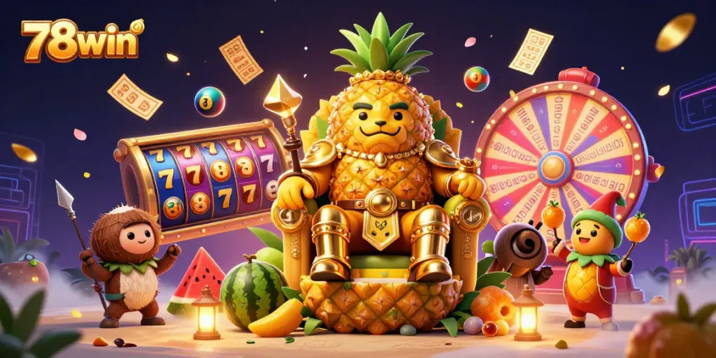 Engage with 78win as the golden pineapple king reigns over thrilling lottery and slot game elements.
