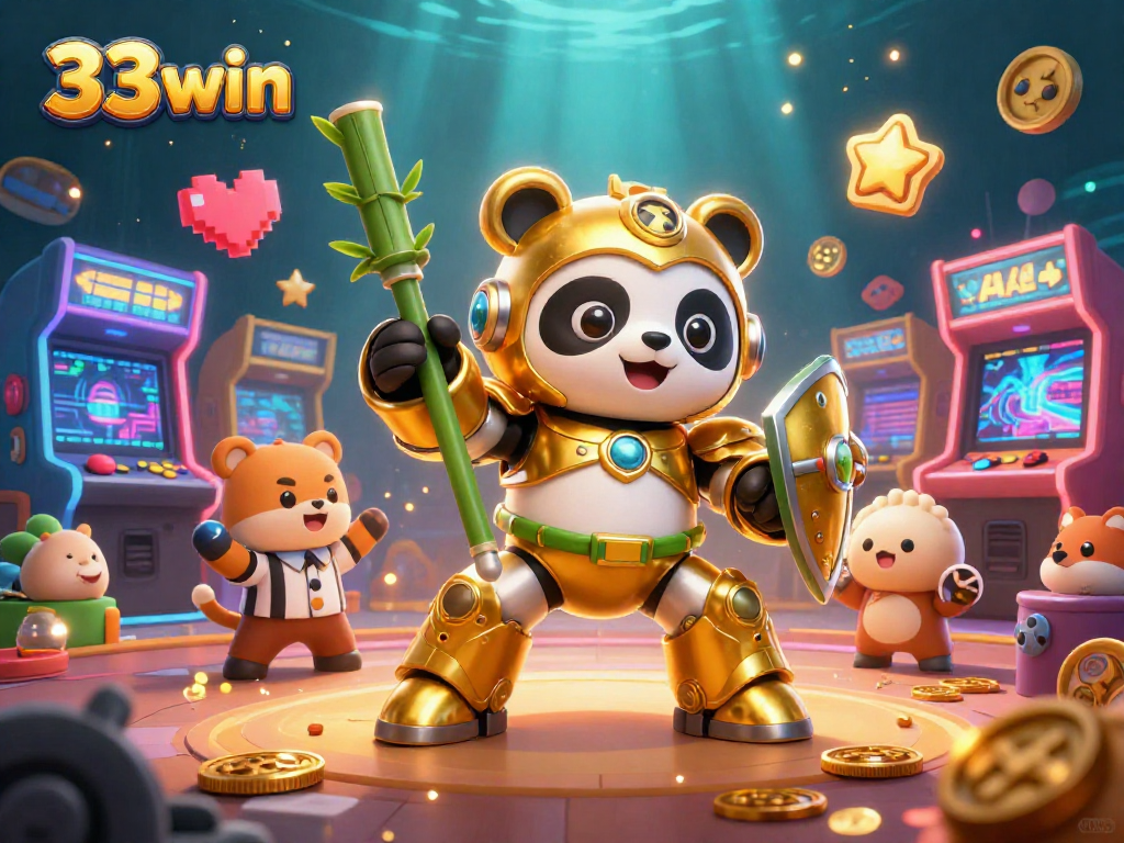 Engage with 33 win's vibrant 3D casino world featuring a mech-suit panda and arcade elements.