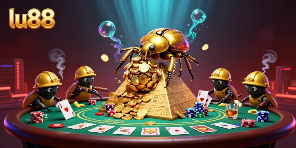 Experience thrilling casino adventures with lu88 as golden beetles roll coins towards a pyramid of riches.