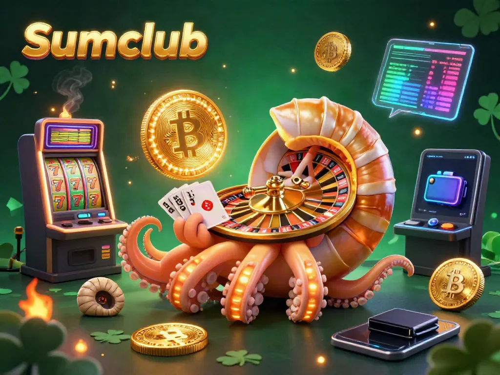 Experience thrilling gameplay with Sumclub featuring a colorful 3D illustration of a nautilus roulette wheel surrounded by casino symbols.