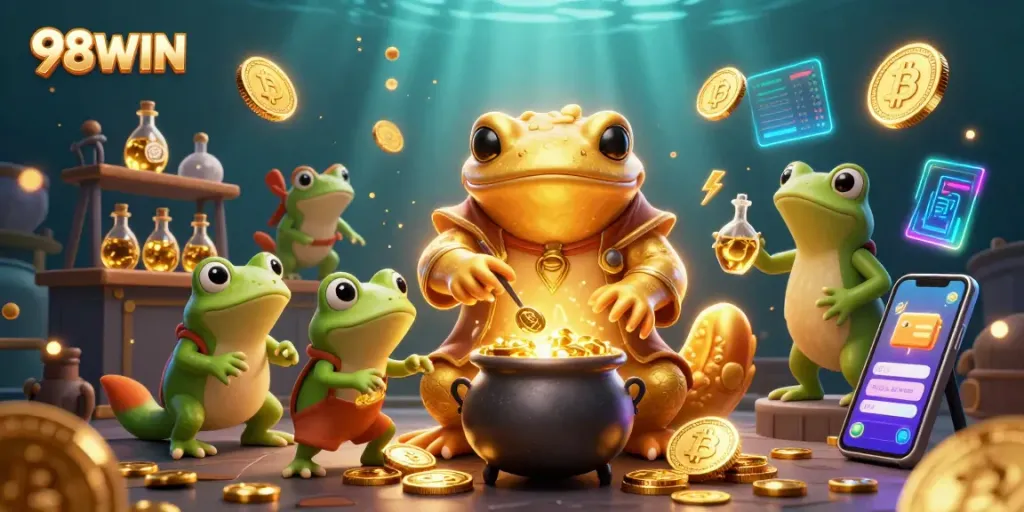 Experience thrilling gameplay at 98WIN, where golden coins and crypto collide in a vibrant casino scene.
