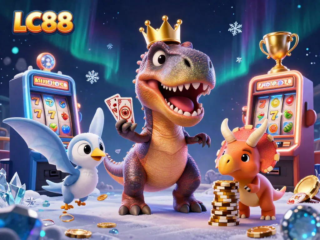 Engaging cartoon scene showcasing LC88 with a T-Rex shuffling cards and stacking chips in a vibrant casino.