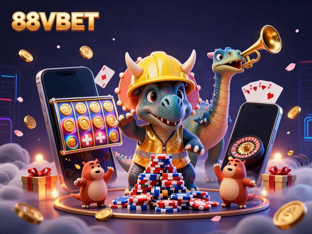 88VBET showcases exciting casino scenes with vibrant 3D cartoon characters celebrating wins.