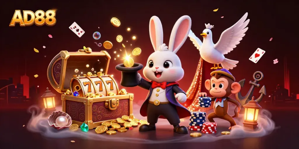 Experience the excitement of AD88 with a lively casino scene featuring a magician rabbit, glamorous dove, and playful monkey.