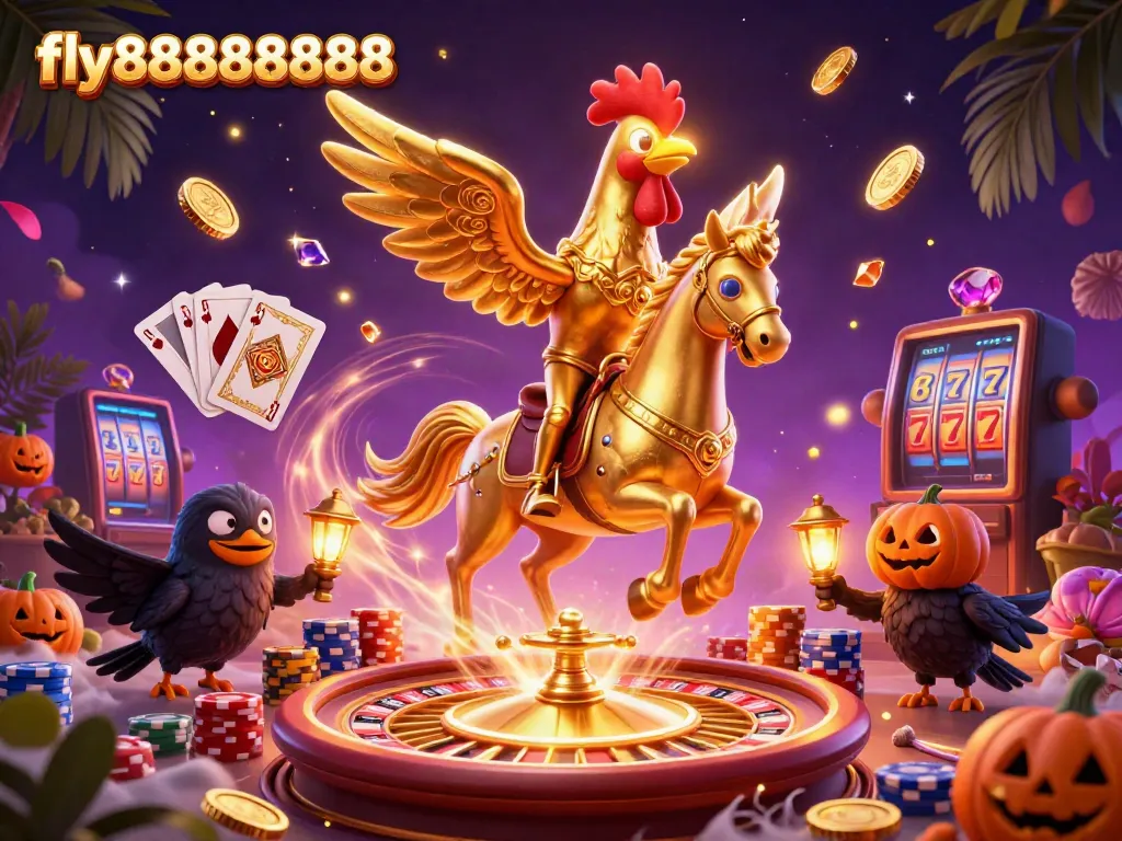 fly88888888 showcases a golden rooster riding a spectral horse among vibrant casino elements